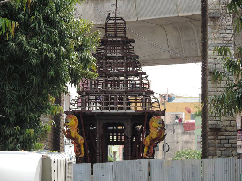 Remnants of the charred chariot used to transport the deity during the Pallaki Festival