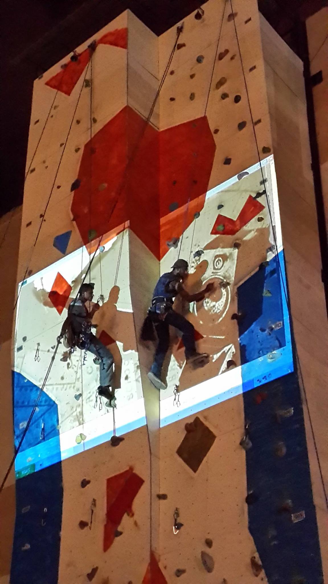 Projection of the outline of a mural to be painted on a 50 ft climbing wall at Phoenix Mall as part of Mallika Prasad & Ram Ganesh Kamatham's intervention at the space. Project 560: Mall-Wall, Phoenix Market City, Whitefield Road