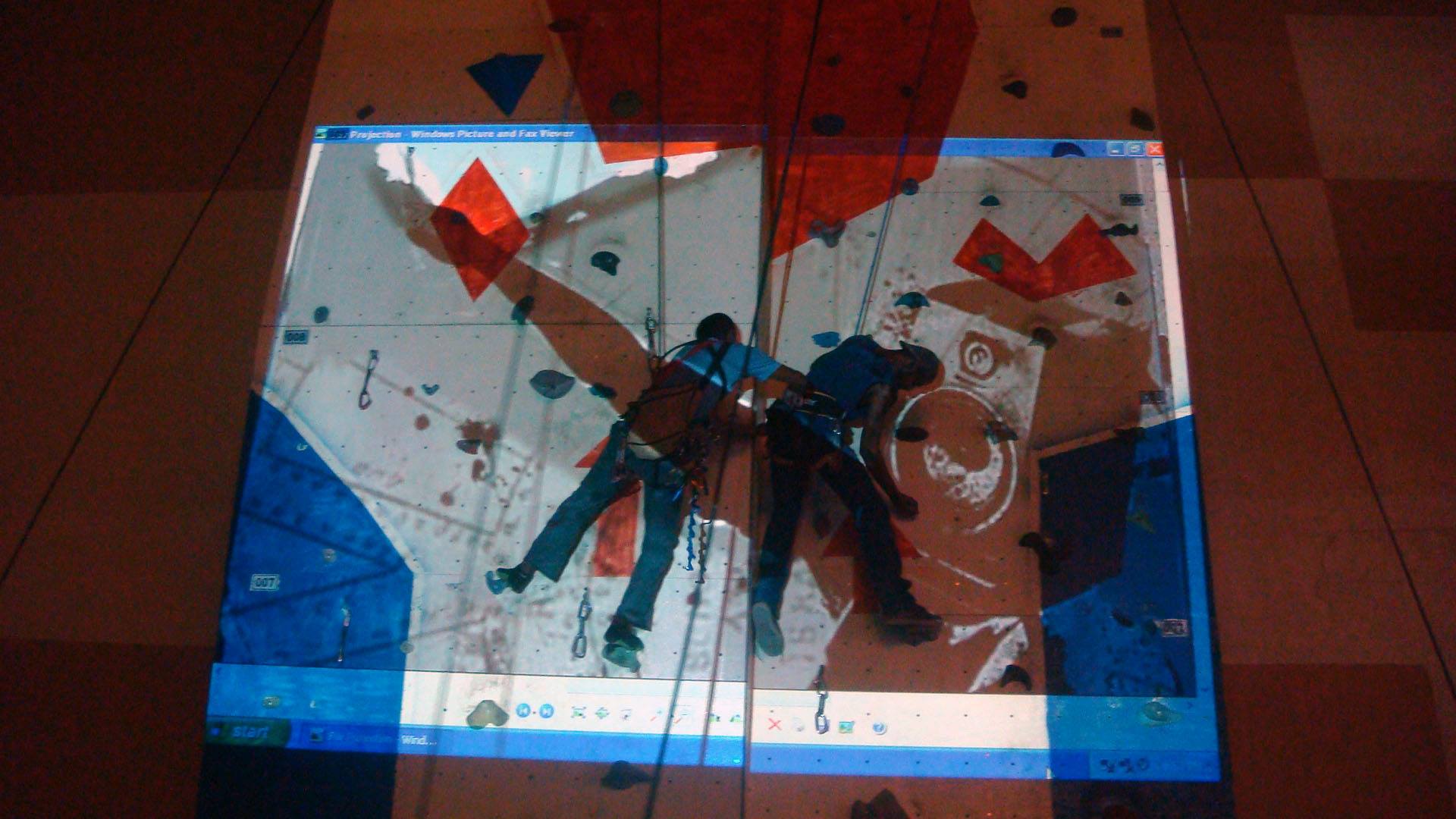 Projection of the outline of a mural to be painted on a 50 ft climbing wall at Phoenix Mall as part of Mallika Prasad & Ram Ganesh Kamatham's intervention at the space. Project 560: Mall-Wall, Phoenix Market City, Whitefield Road